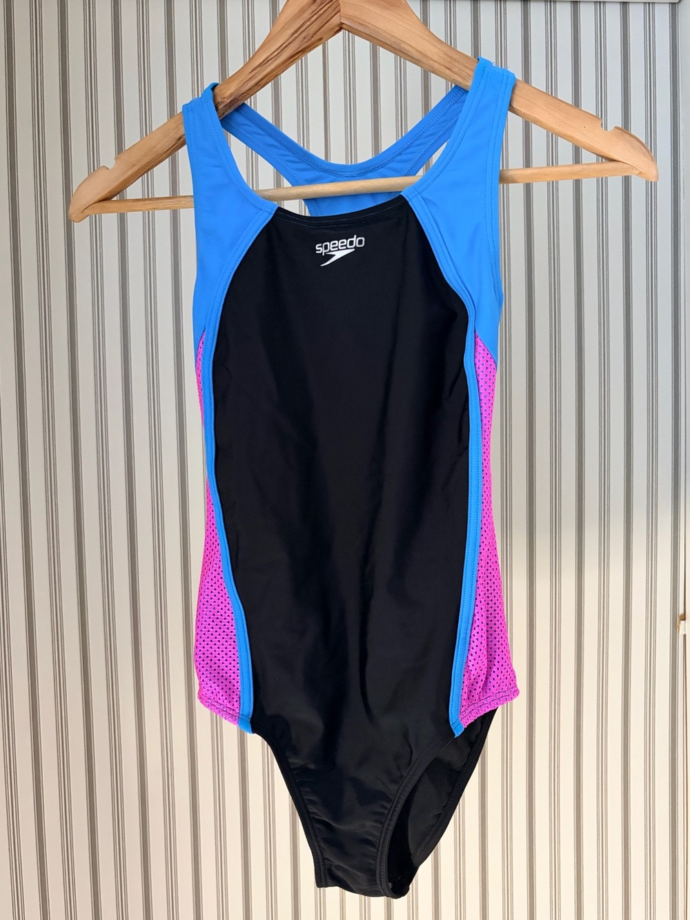 Speedo Black One-Piece Swimsuit with Blue Straps and Pink Side Panels